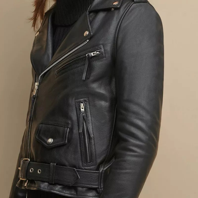 Ladies Biker Leather Jacket – Black – Full Length